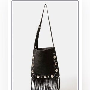 Black Fringe Shoulder Bag with Stud Details